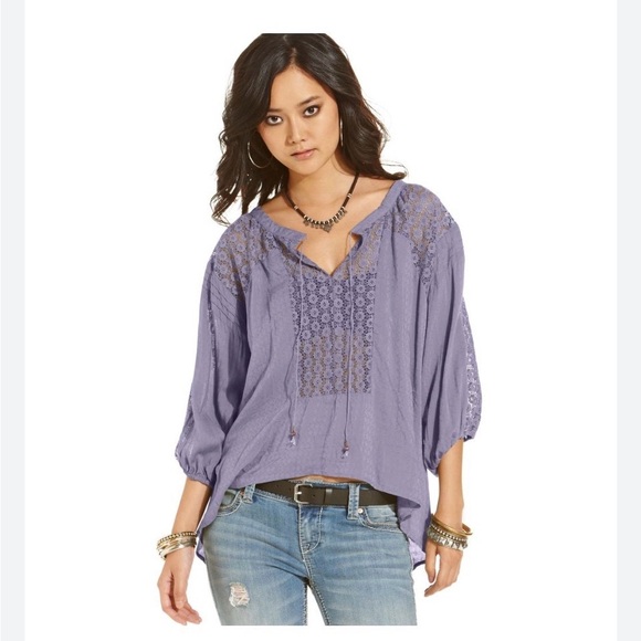 Free People Tops - Free People Moon River Peasant Tunic Lavender Crochet Yoke V-Neck